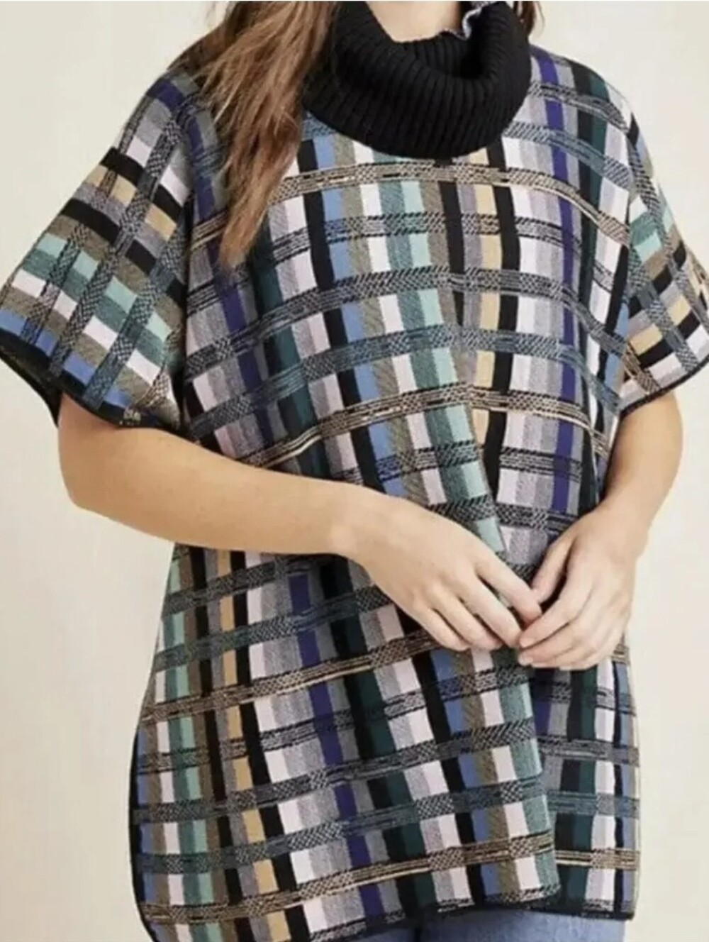 Anthropologie Aldomartins Gracie Plaid Turtleneck Poncho Sweater Small Medium